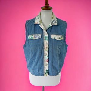 Vintage Denim Jean Floral Retro Vest Waistcoast Cottagecore Koret Cotton Medium